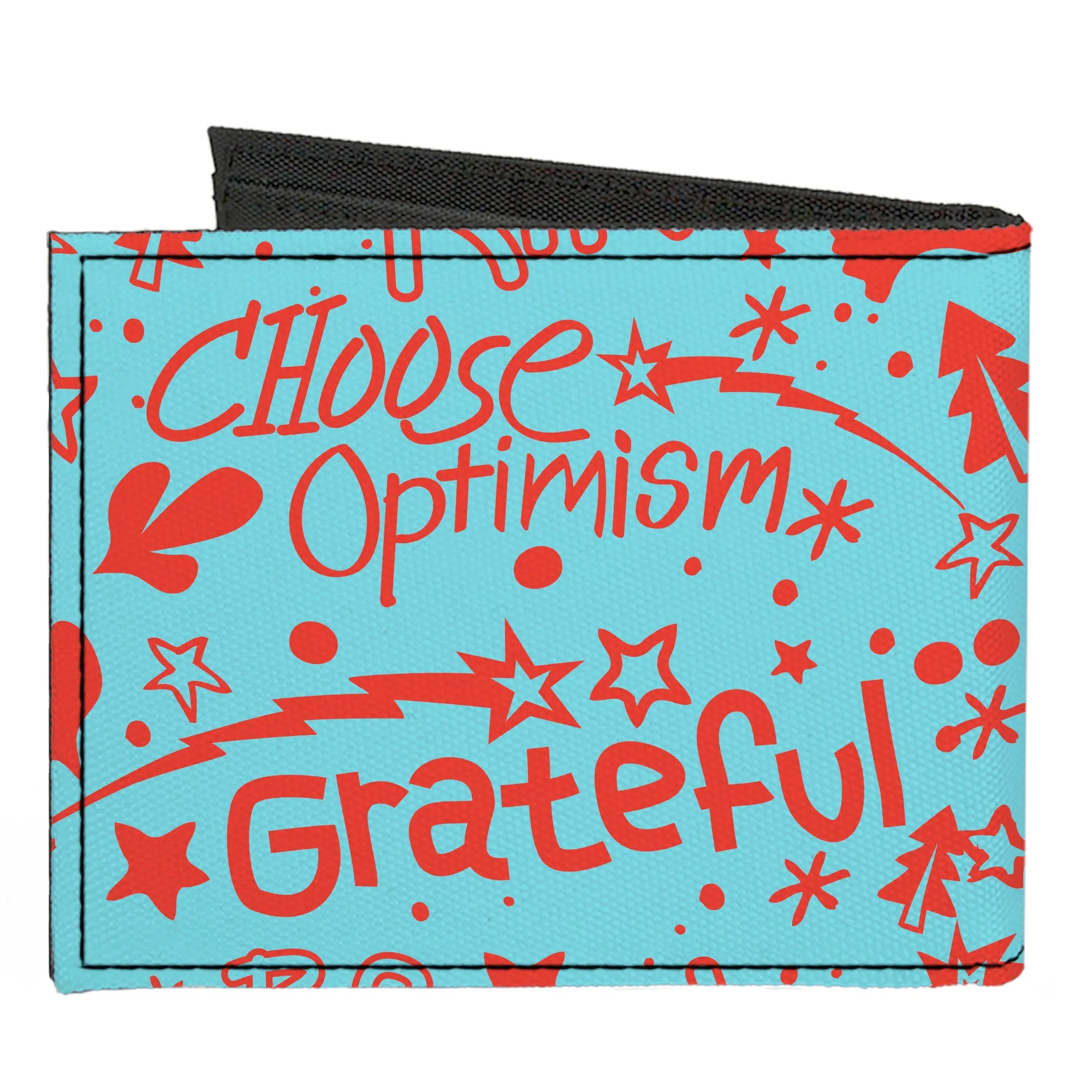 Canvas Bi-Fold Wallet - GRATEFUL OPTIMISM BE KIND Icons Collage Blue/Red