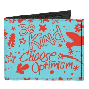 Canvas Bi-Fold Wallet - GRATEFUL OPTIMISM BE KIND Icons Collage Blue/Red