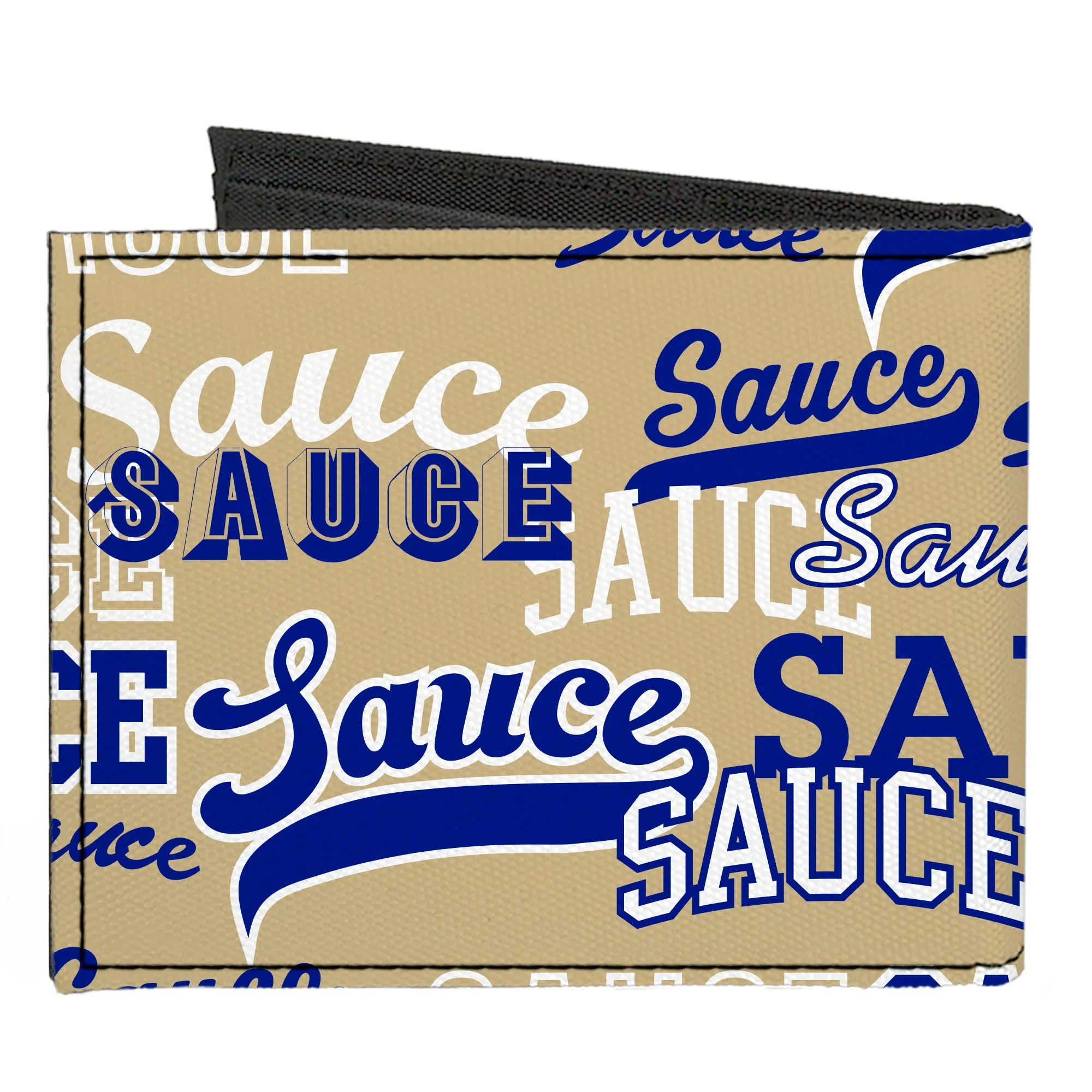 Canvas Bi-Fold Wallet - SAUCE Typography Collage Tan/White/Blue