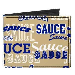 Canvas Bi-Fold Wallet - SAUCE Typography Collage Tan/White/Blue
