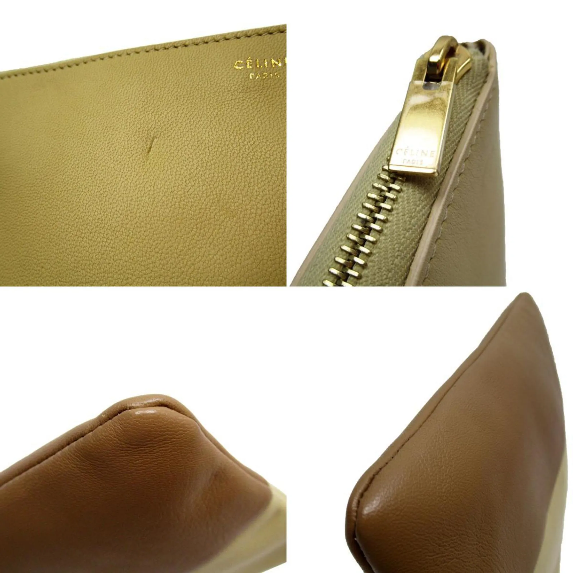 CELINE Clutch Bag Leather Cream x Brown Men's Women's t19216a