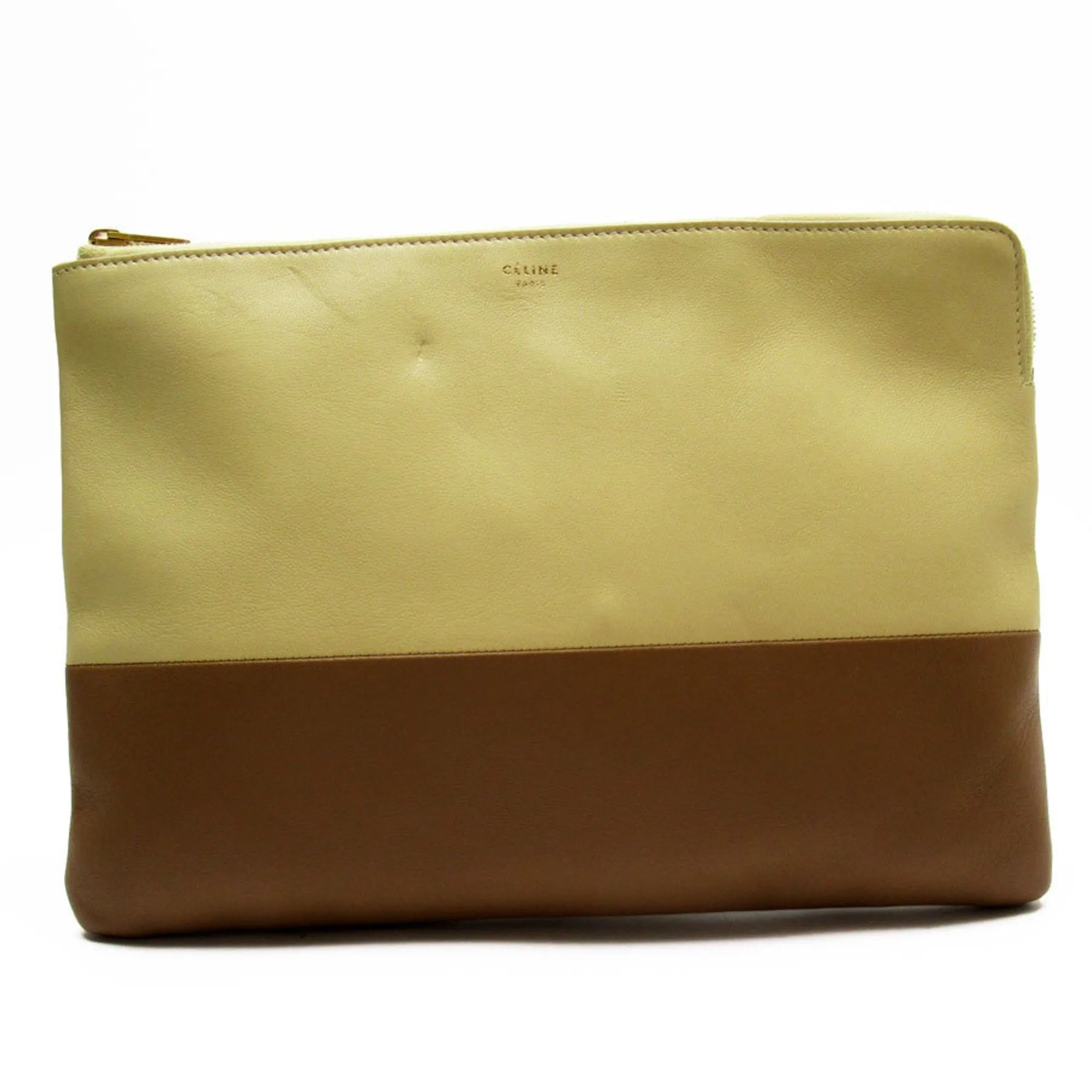 CELINE Clutch Bag Leather Cream x Brown Men's Women's t19216a