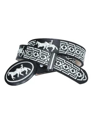Cinto Vaquero Piteado de Piel Vacuno para Hombre con Caballos, 1 1/2" Ancho 'El General' - ID: 41690