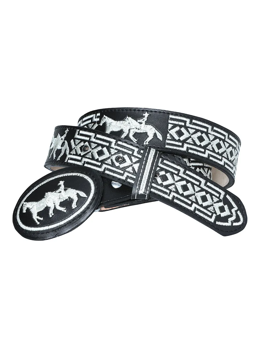 Cinto Vaquero Piteado de Piel Vacuno para Hombre con Caballos, 1 1/2" Ancho 'El General' - ID: 41690