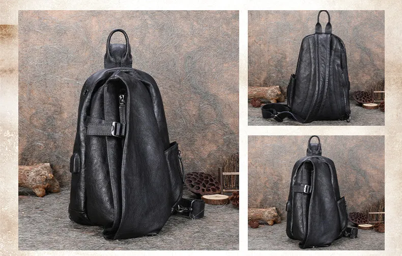 Cool Men's Leather Sling Bag Sling Pack Black Gray Leather Sling Backpacks For Men
