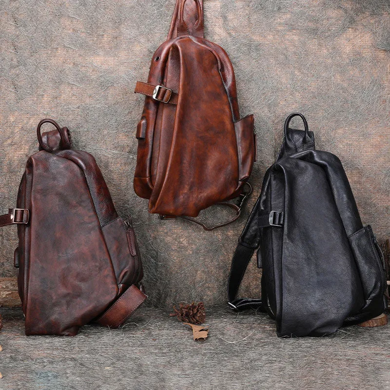 Cool Men's Leather Sling Bag Sling Pack Brown Leather Sling Backpack For Men
