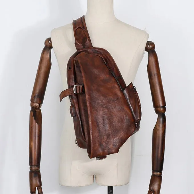 Cool Men's Leather Sling Bag Sling Pack Brown Leather Sling Backpack For Men