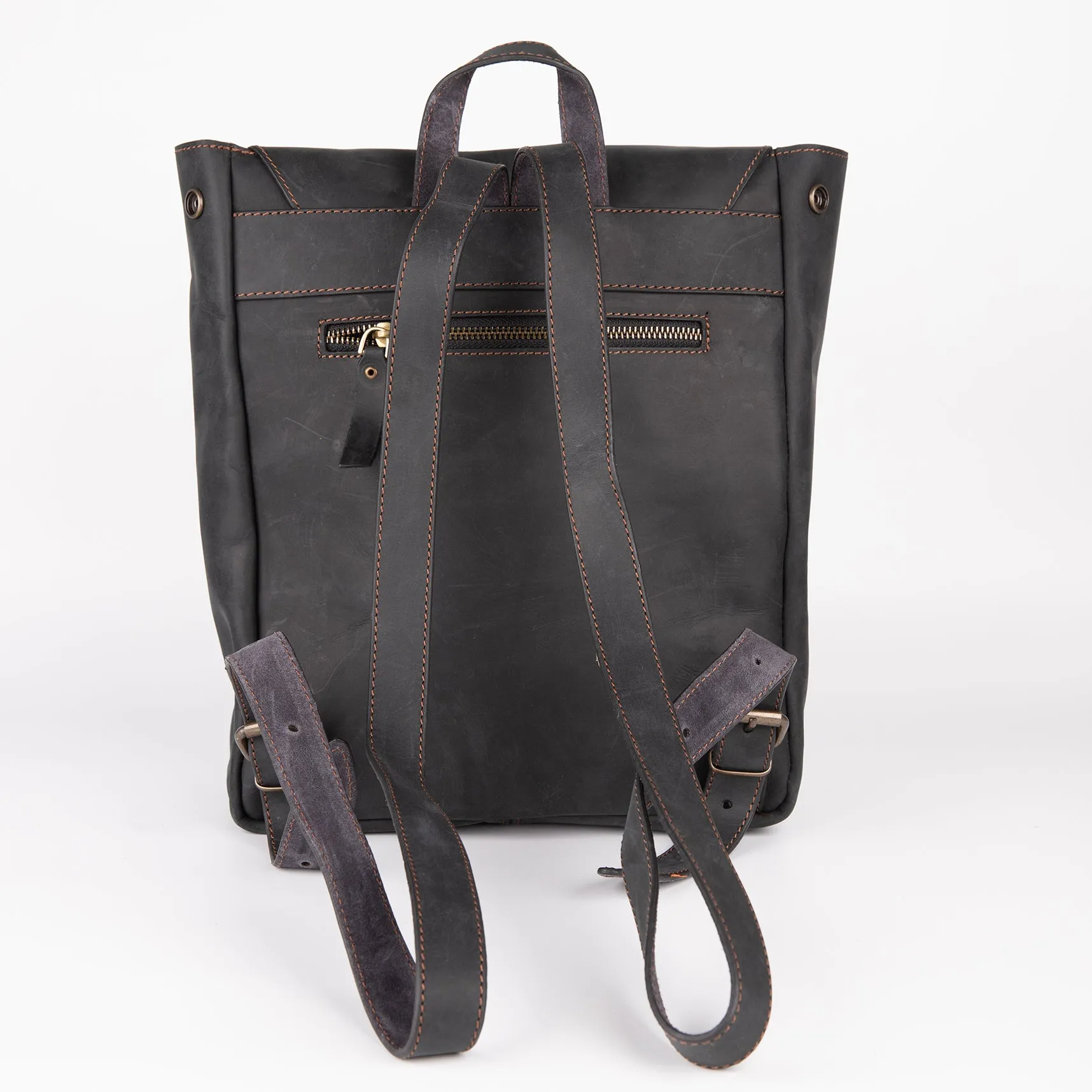 Crazy Horse Leather Expandable Backpack - Black