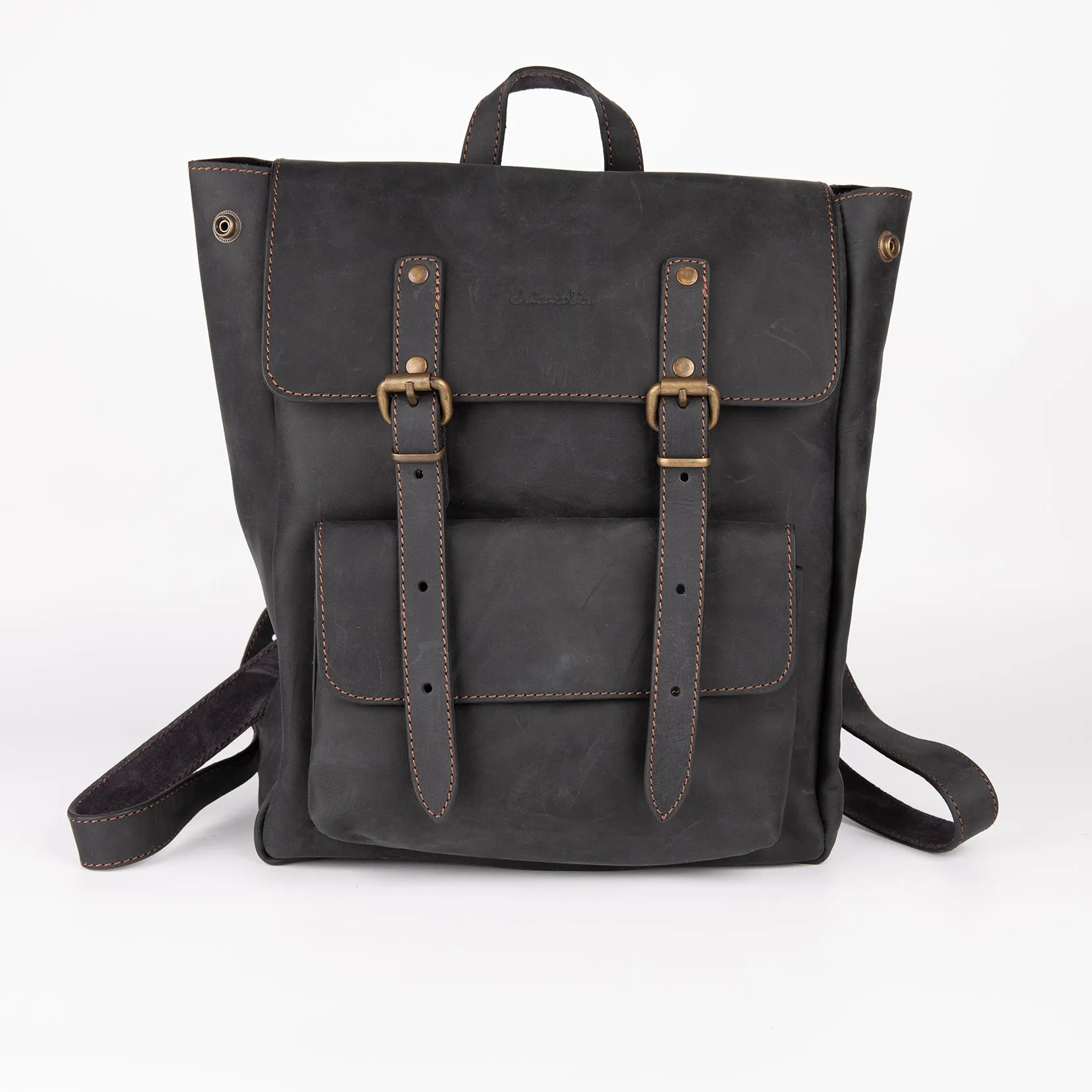 Crazy Horse Leather Expandable Backpack - Black