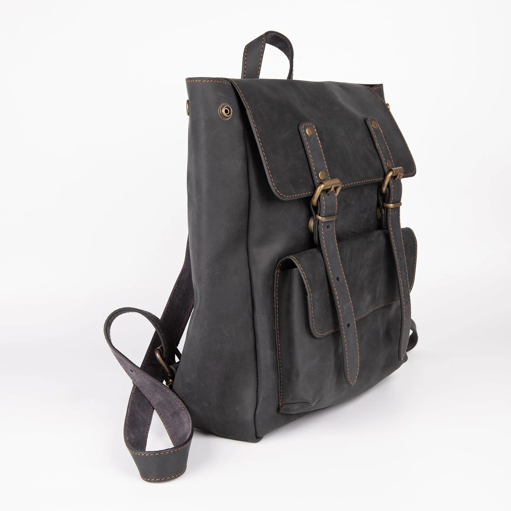 Crazy Horse Leather Expandable Backpack - Black