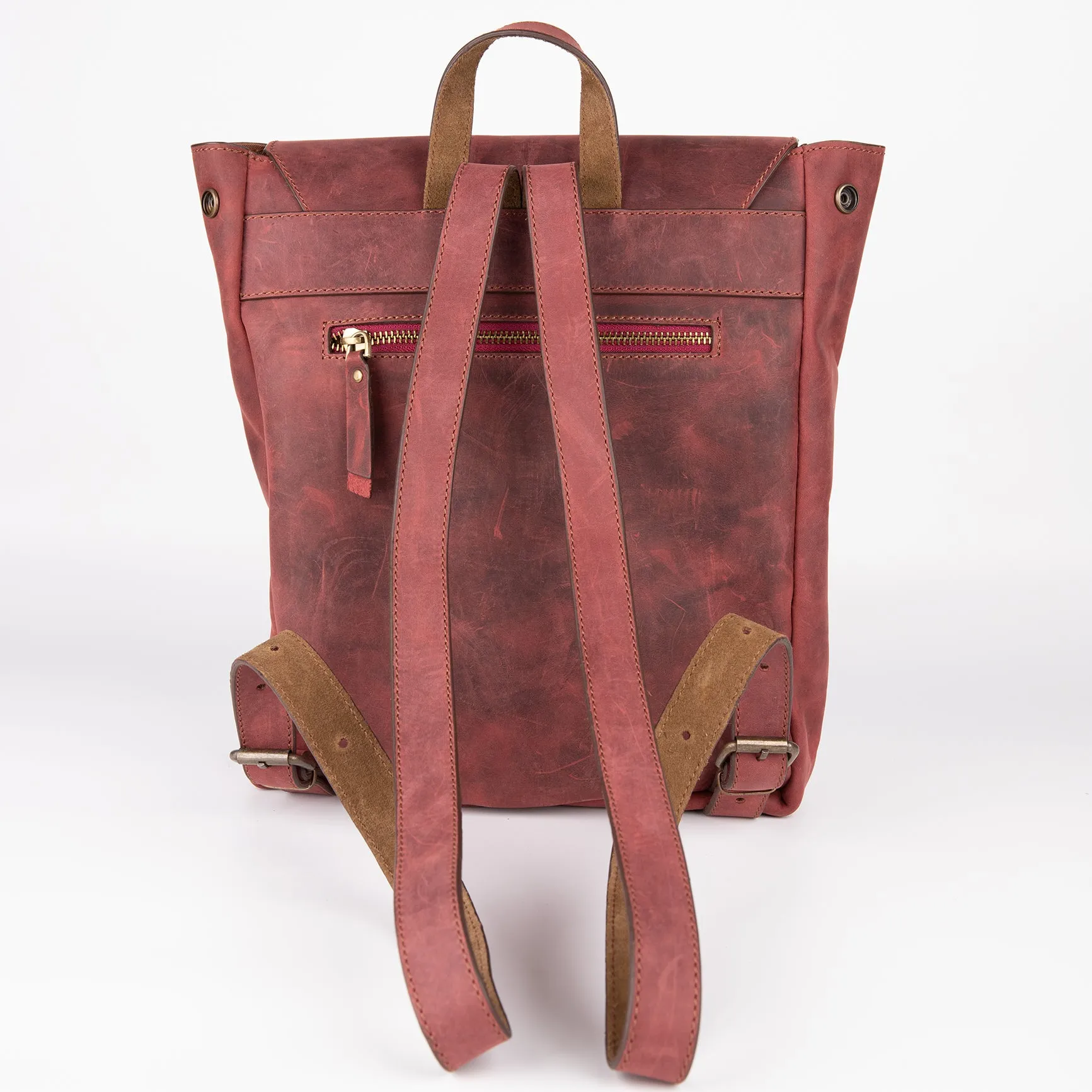 Crazy Horse Leather Expandable Backpack - Burgundy