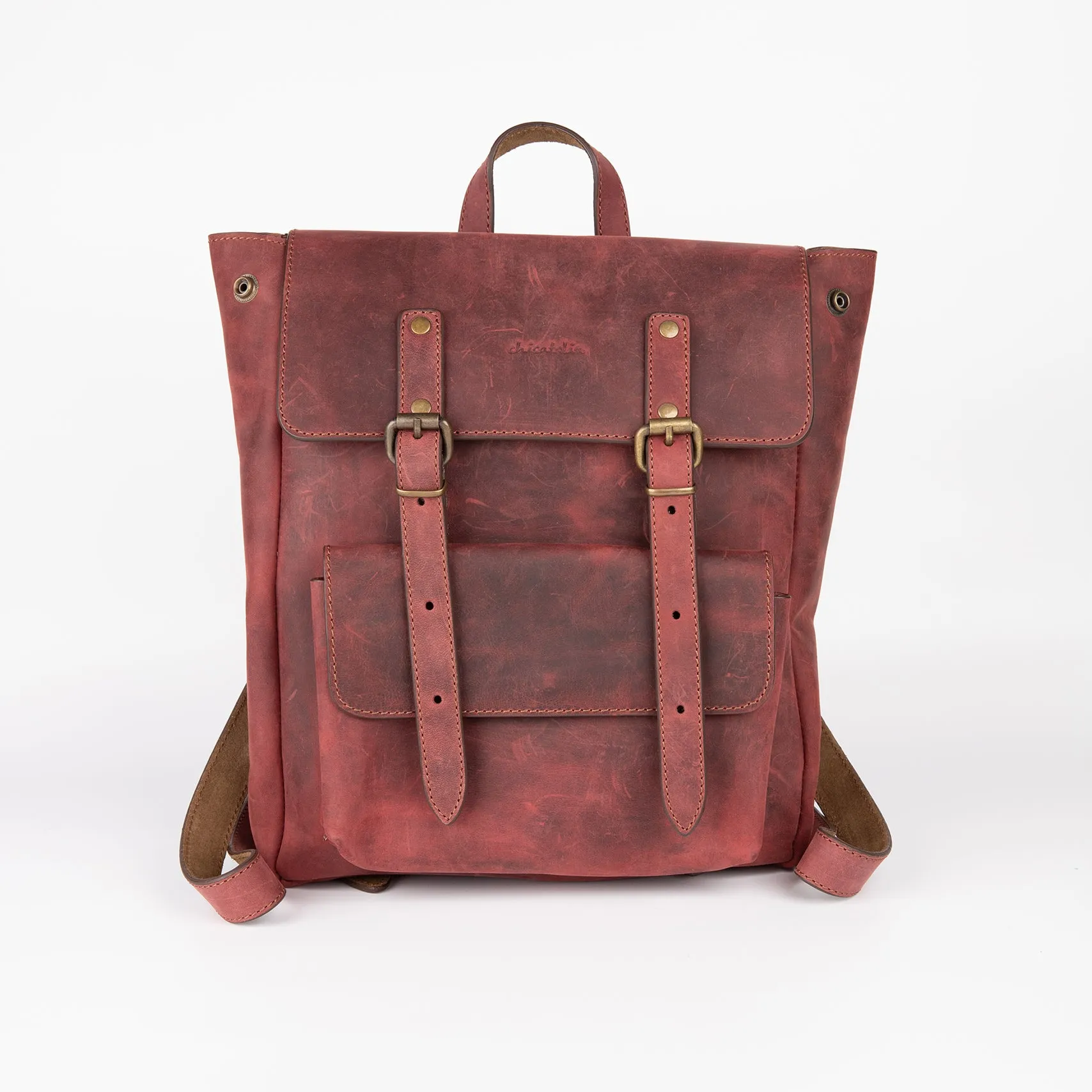 Crazy Horse Leather Expandable Backpack - Burgundy