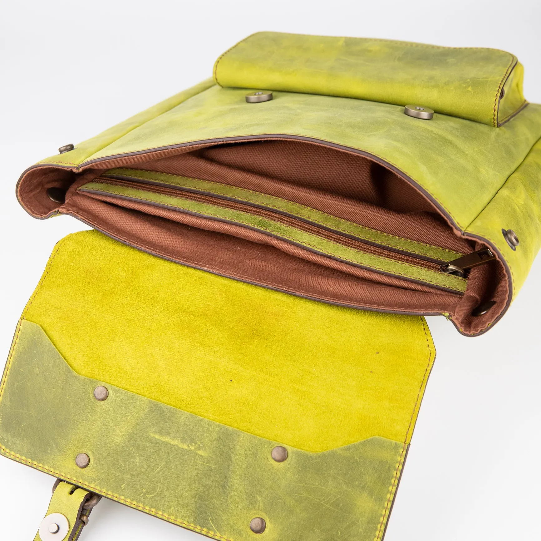 Crazy Horse Leather Expandable Backpack - Lime Green