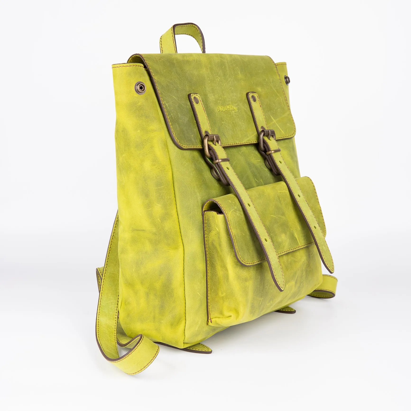 Crazy Horse Leather Expandable Backpack - Lime Green