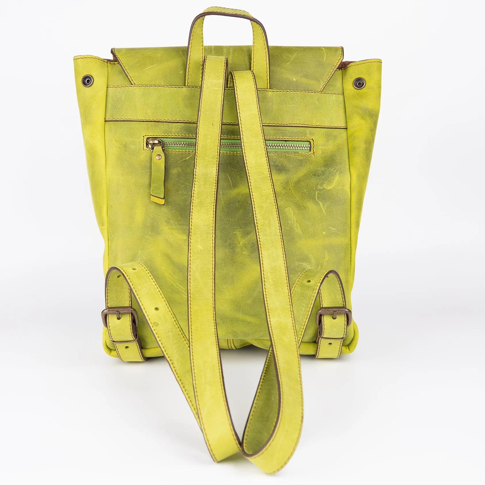 Crazy Horse Leather Expandable Backpack - Lime Green