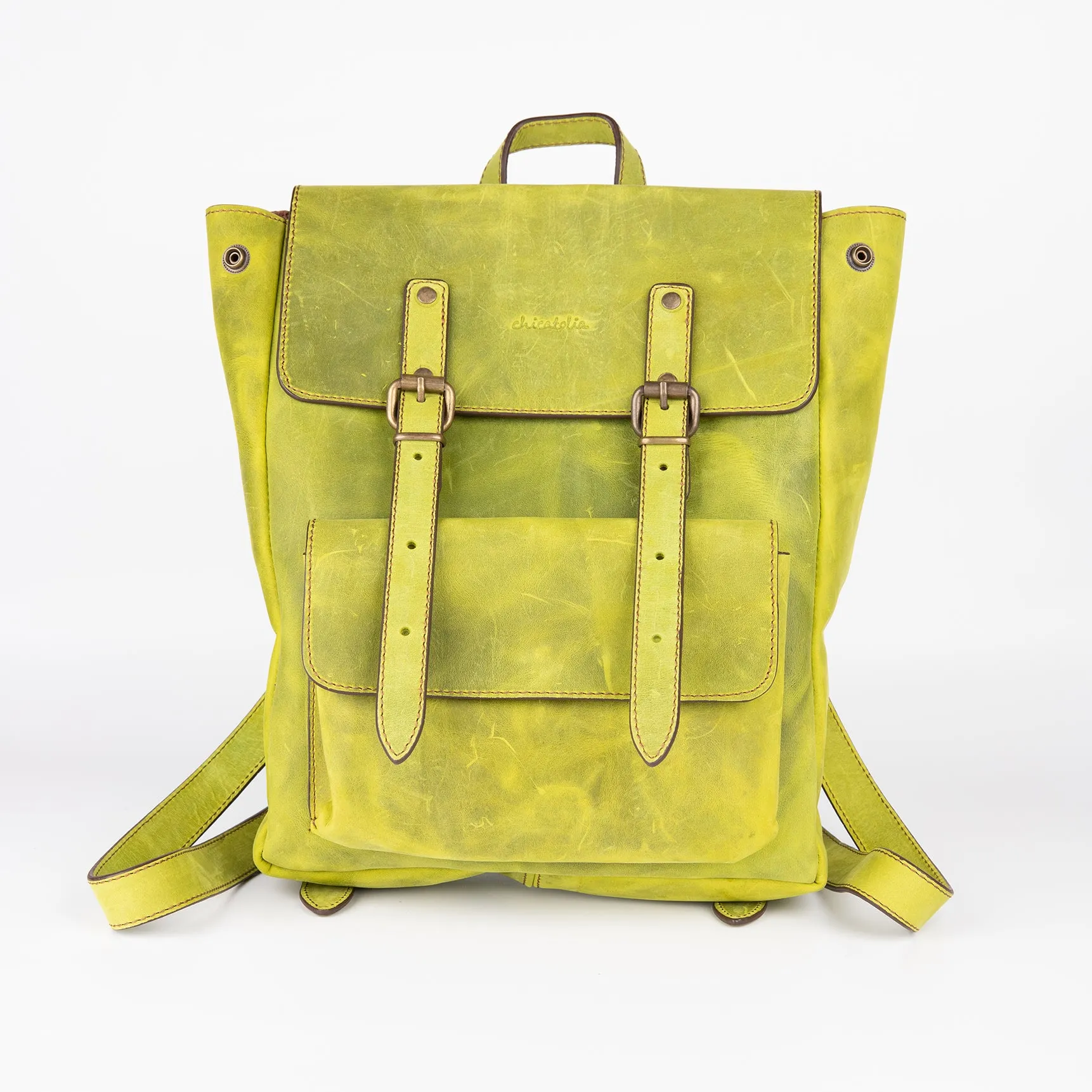 Crazy Horse Leather Expandable Backpack - Lime Green