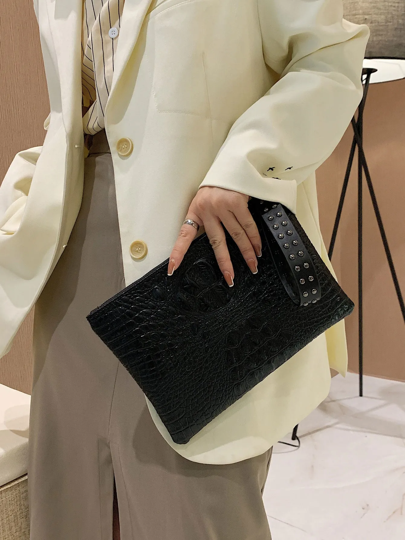 Croc Embossed Studded Decor Clutch Bag - Black- FD ⚡