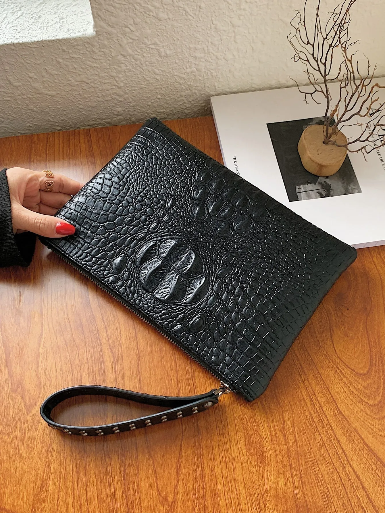 Croc Embossed Studded Decor Clutch Bag - Black- FD ⚡