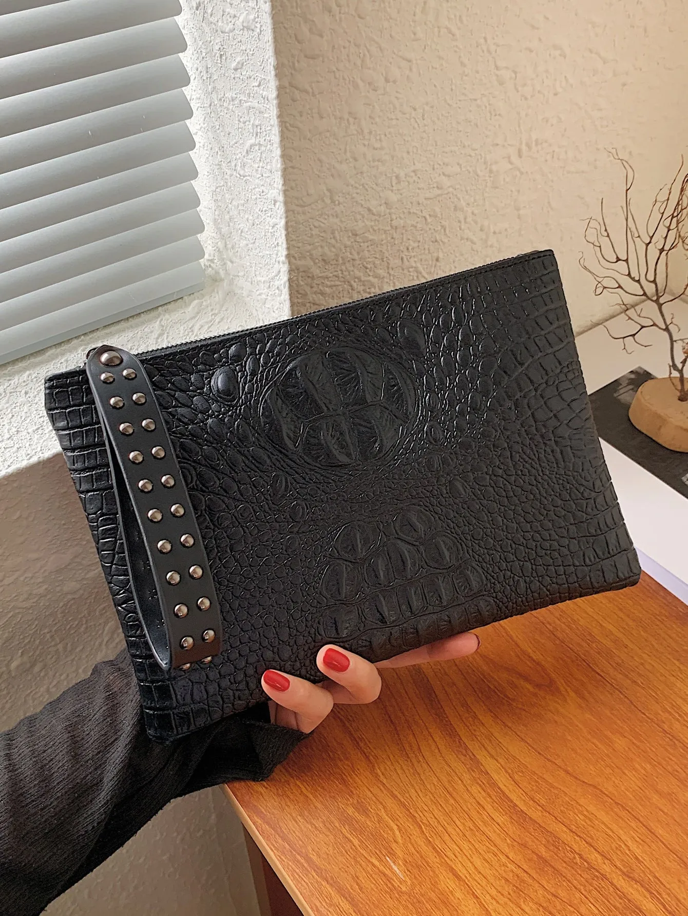 Croc Embossed Studded Decor Clutch Bag - Black- FD ⚡