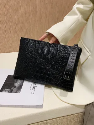 Croc Embossed Studded Decor Clutch Bag - Black- FD ⚡