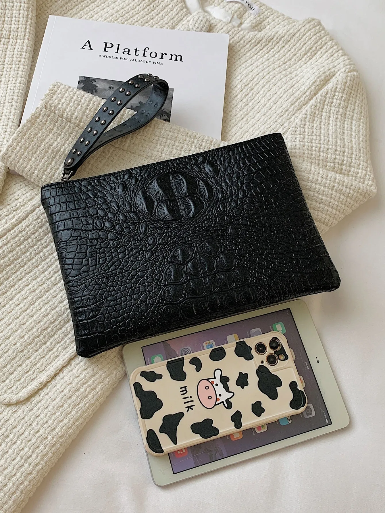Croc Embossed Studded Decor Clutch Bag - Black- FD ⚡