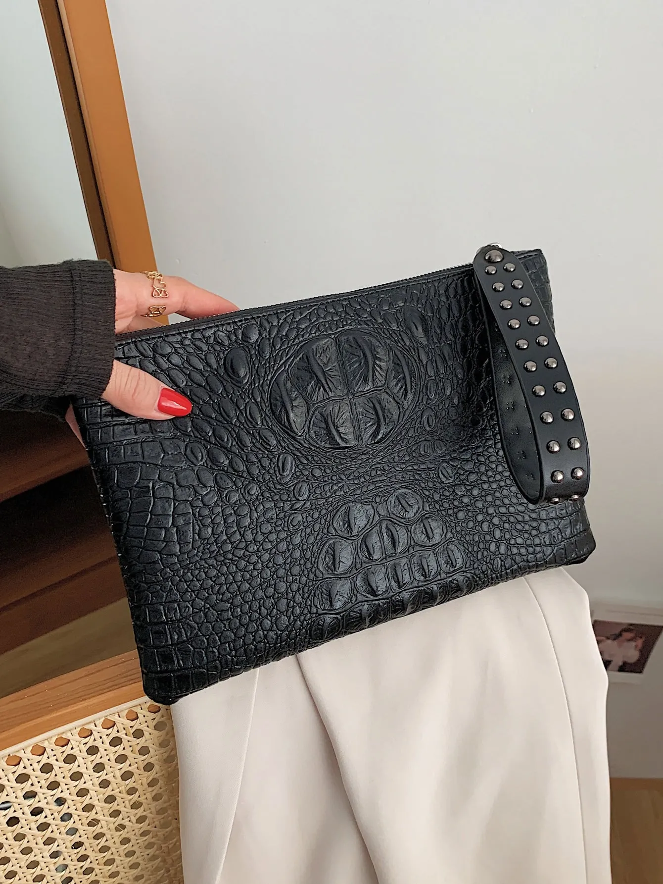Croc Embossed Studded Decor Clutch Bag - Black- FD ⚡