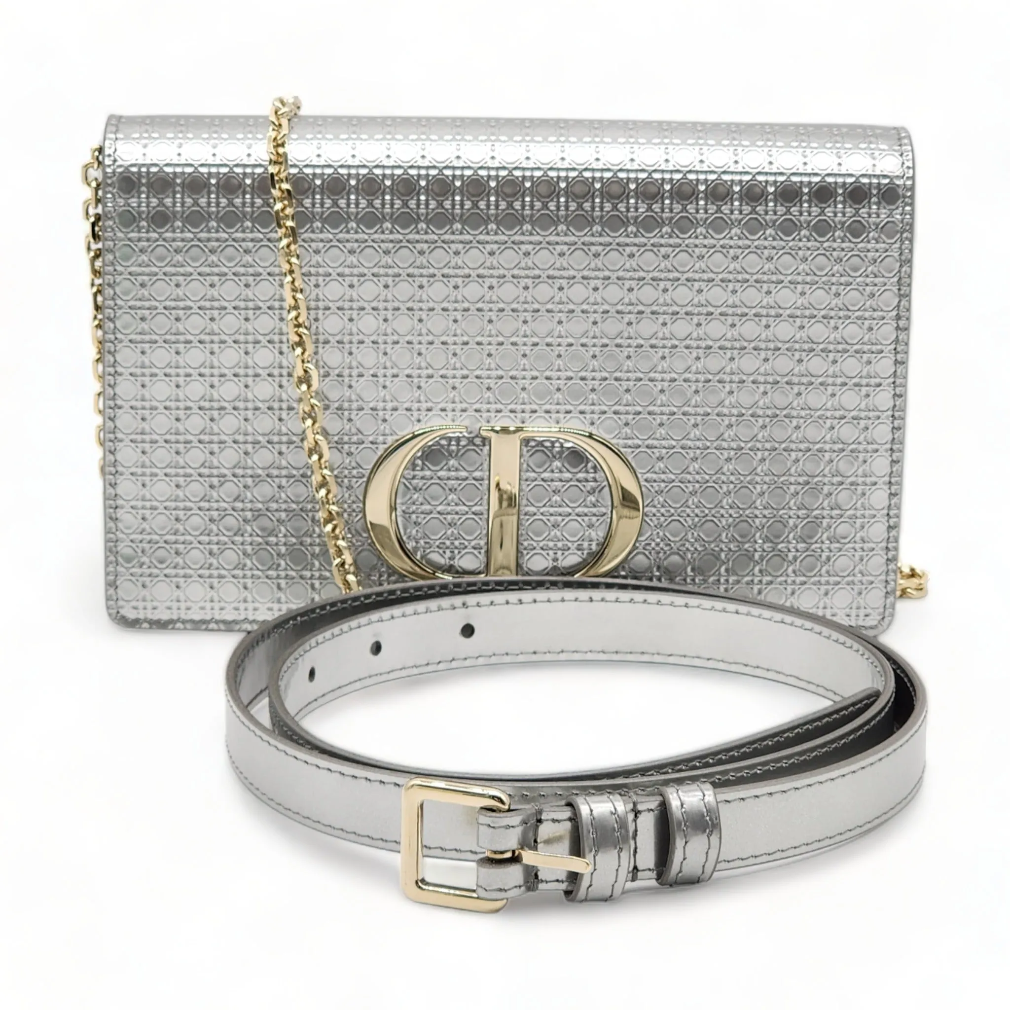Dior Metallic Patent Micro-Cannage 30 Montaigne Convertible Bag Silver