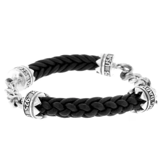 Double Silver Chain and Leather Lanyard Bracelet