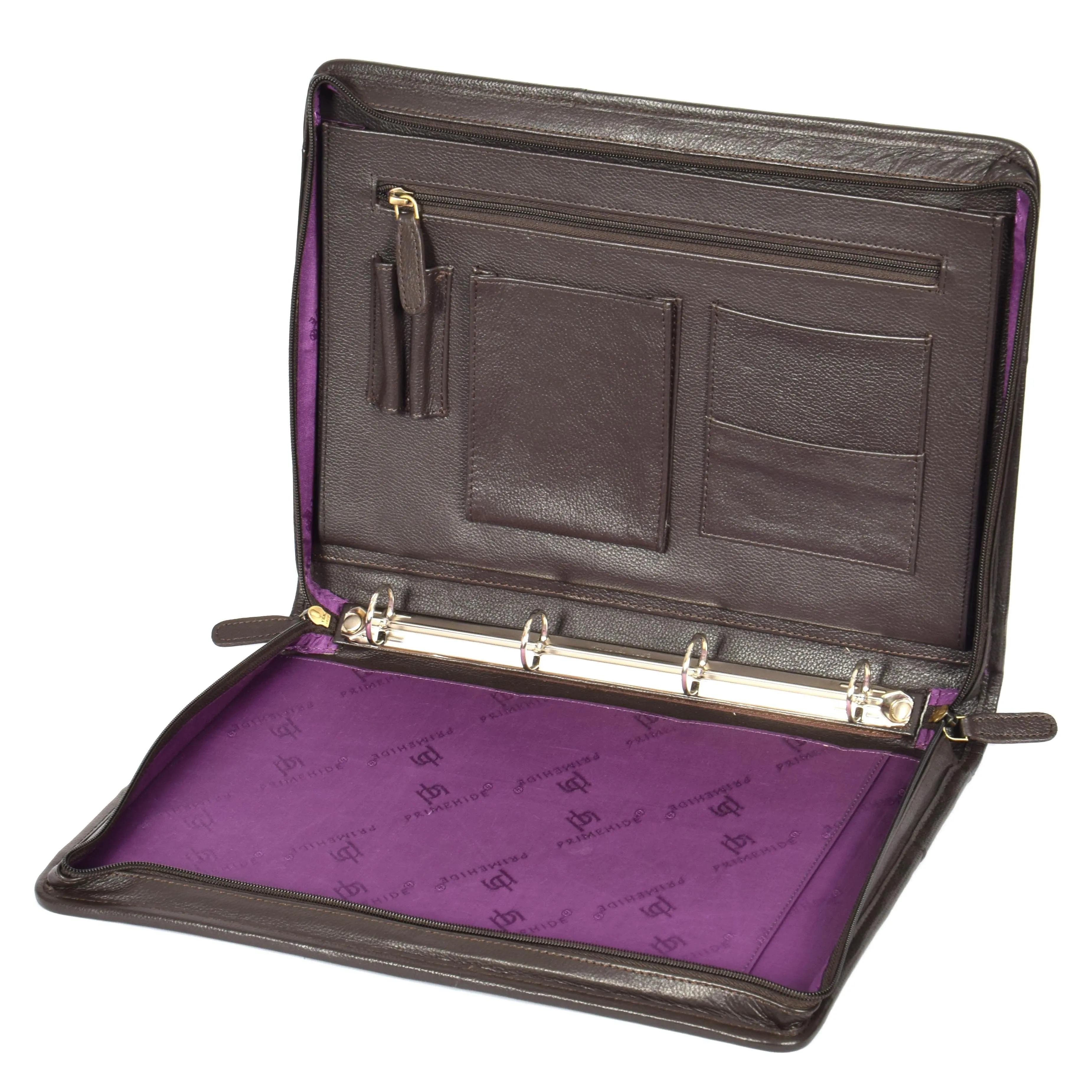 DR604 Leather Zip-Around Portfolio With Removable Metal Ring Binder Brown