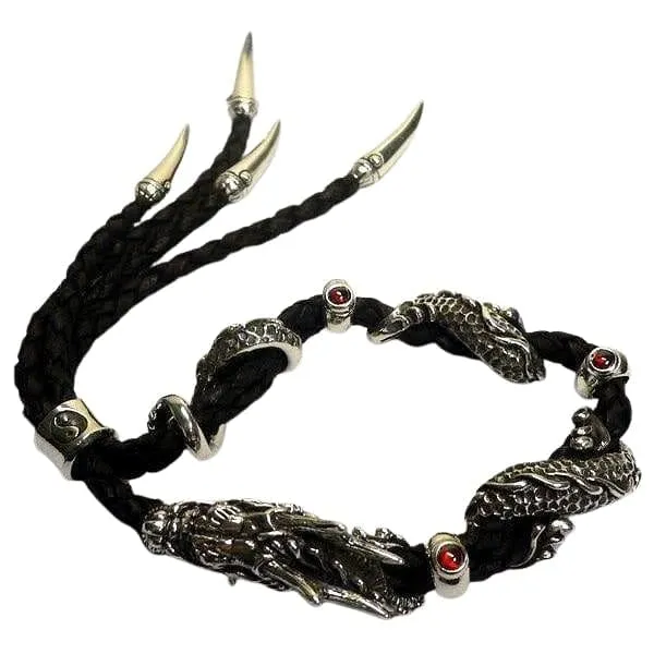 Dragon Sterling Silver Braided Leather Men's Bracelet