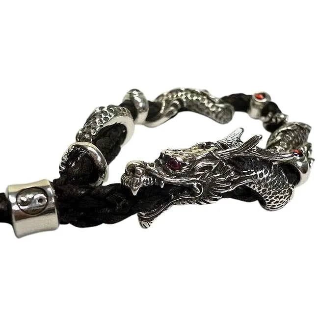 Dragon Sterling Silver Braided Leather Men's Bracelet