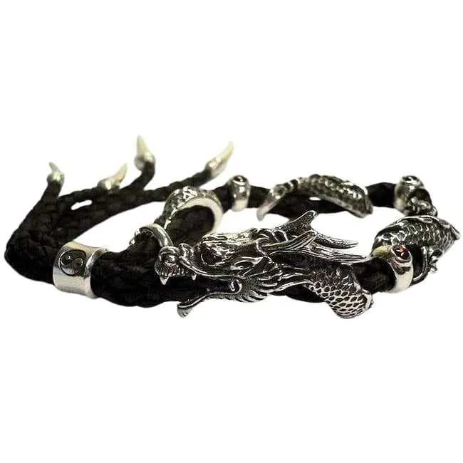 Dragon Sterling Silver Braided Leather Men's Bracelet