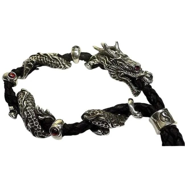 Dragon Sterling Silver Braided Leather Men's Bracelet