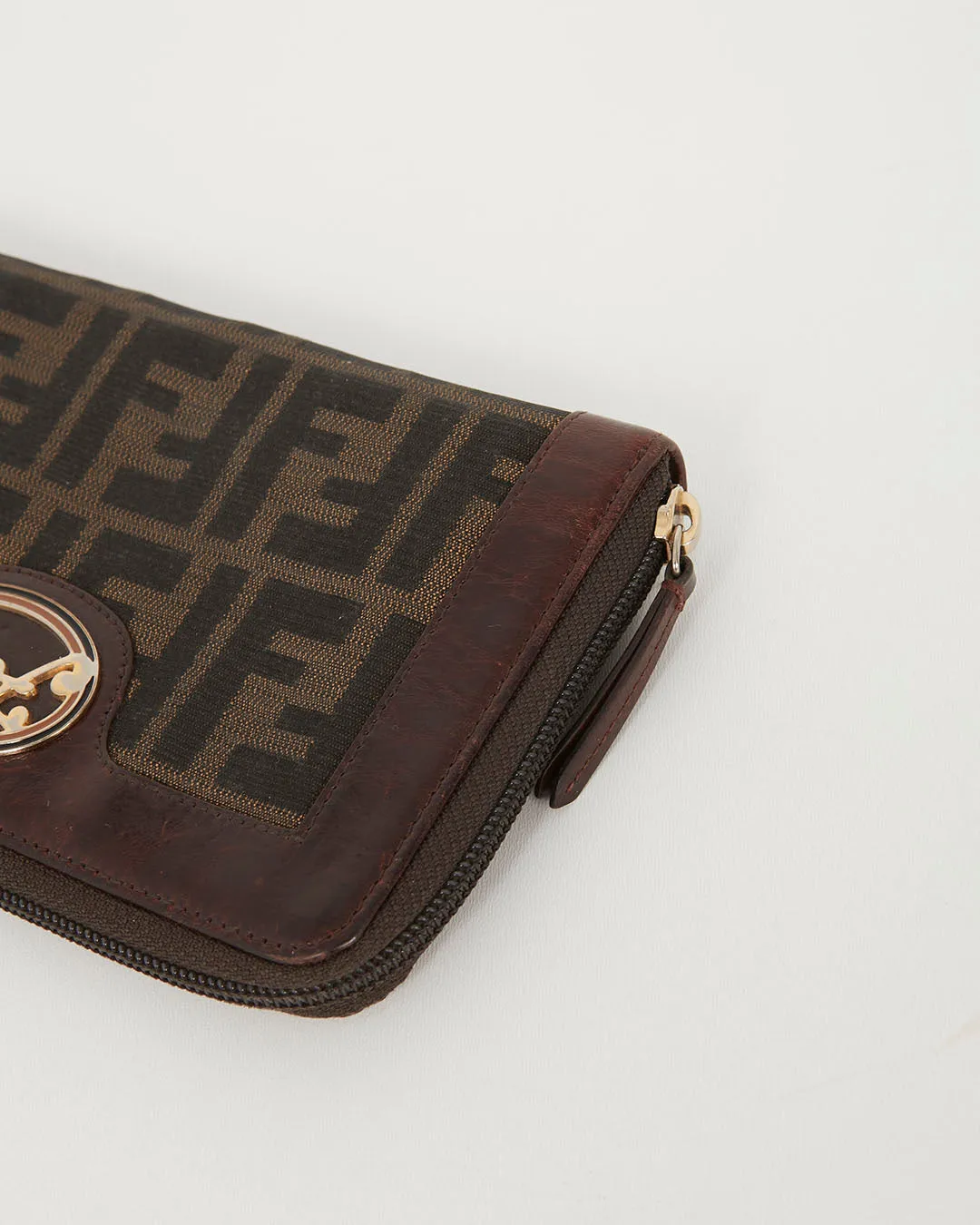 Fendi Brown Zucca Coated Canvas Gold Logo Emblem Zippy Wallet