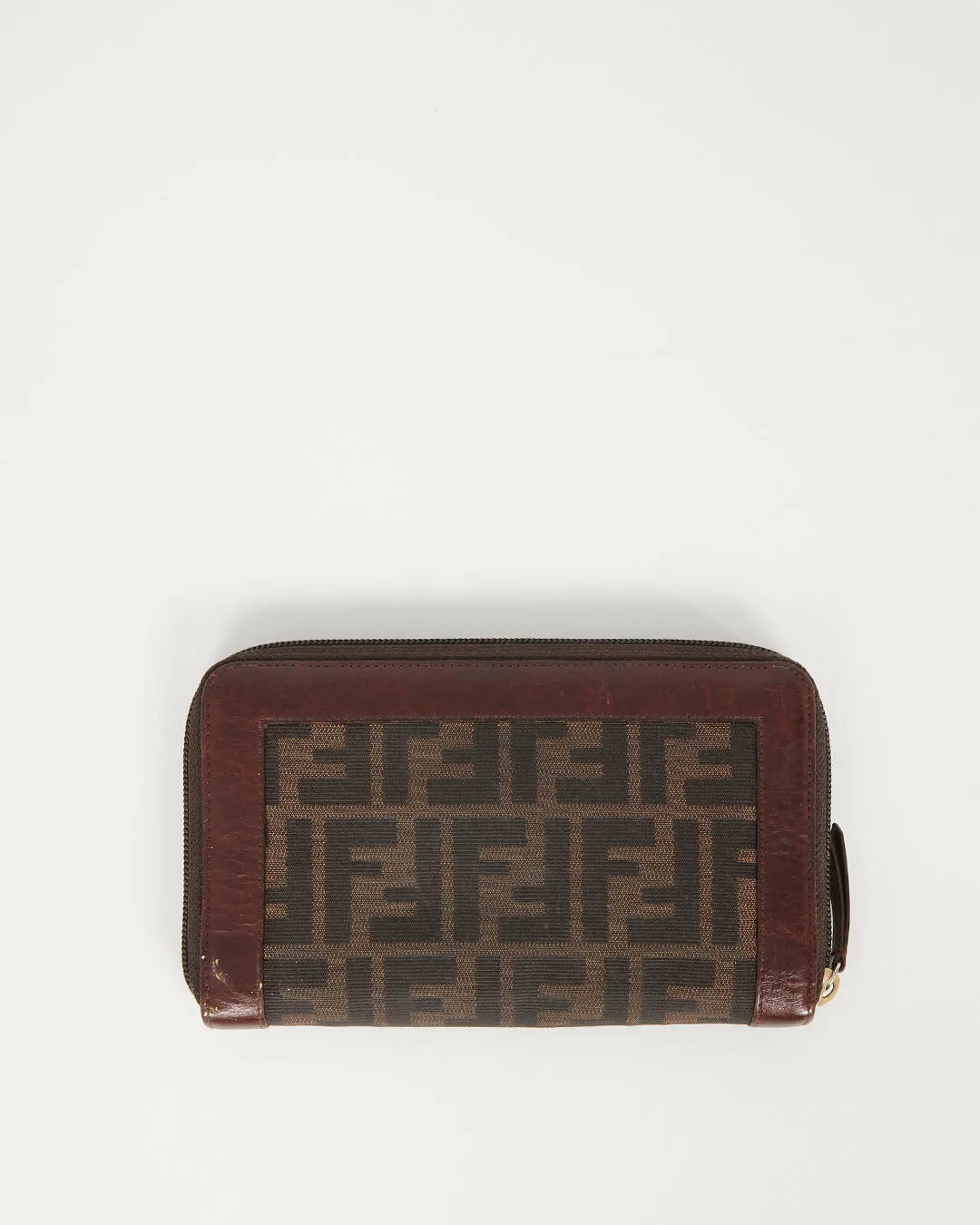 Fendi Brown Zucca Coated Canvas Gold Logo Emblem Zippy Wallet