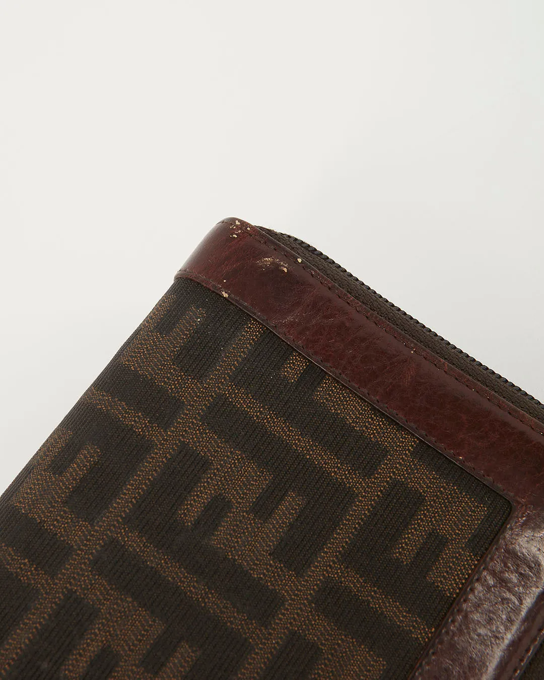 Fendi Brown Zucca Coated Canvas Gold Logo Emblem Zippy Wallet