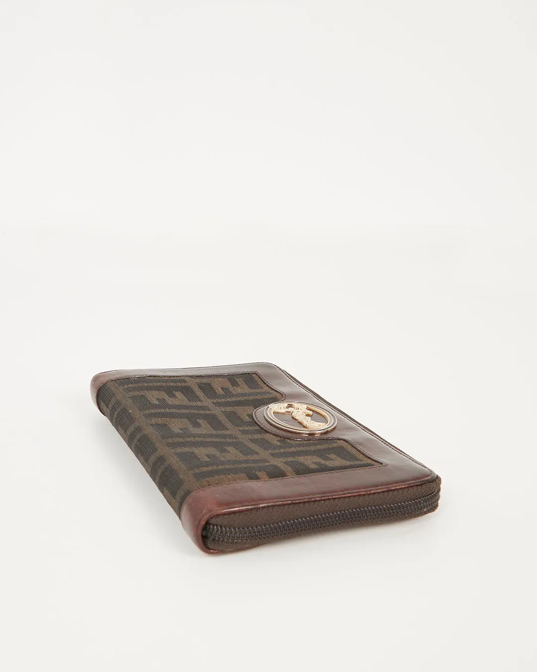 Fendi Brown Zucca Coated Canvas Gold Logo Emblem Zippy Wallet