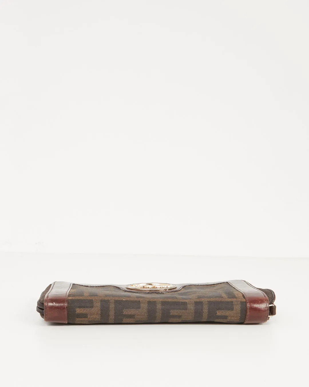 Fendi Brown Zucca Coated Canvas Gold Logo Emblem Zippy Wallet