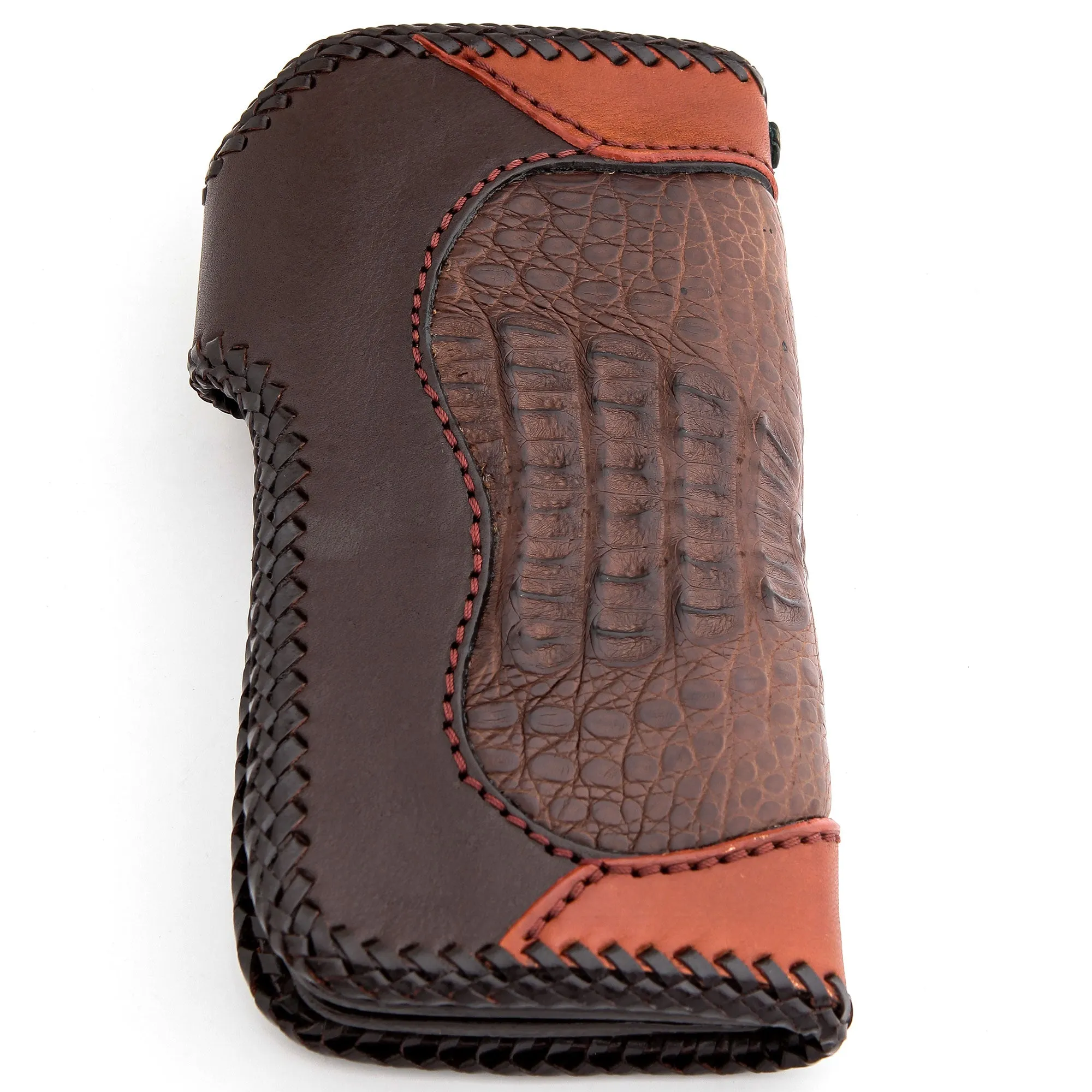 Floral Tribal Brown Crocodile Leather Large Biker Wallet