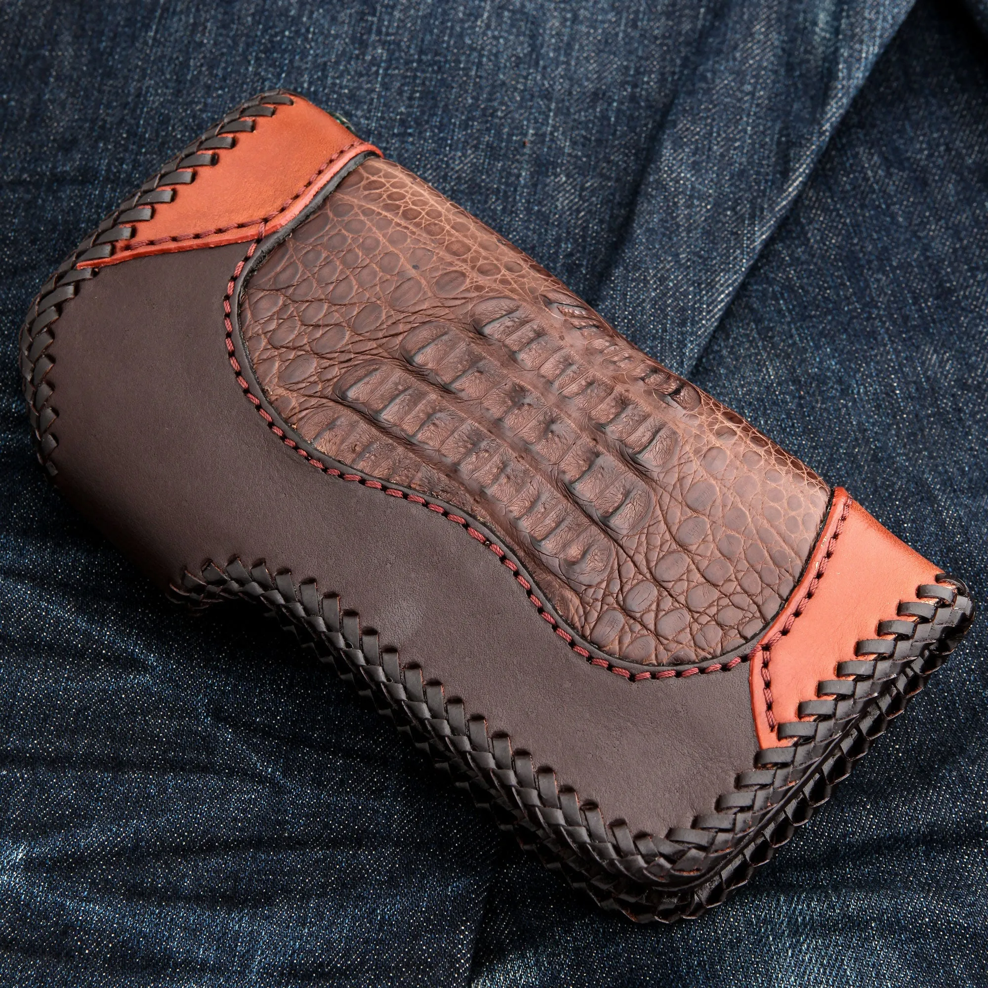 Floral Tribal Brown Crocodile Leather Large Biker Wallet