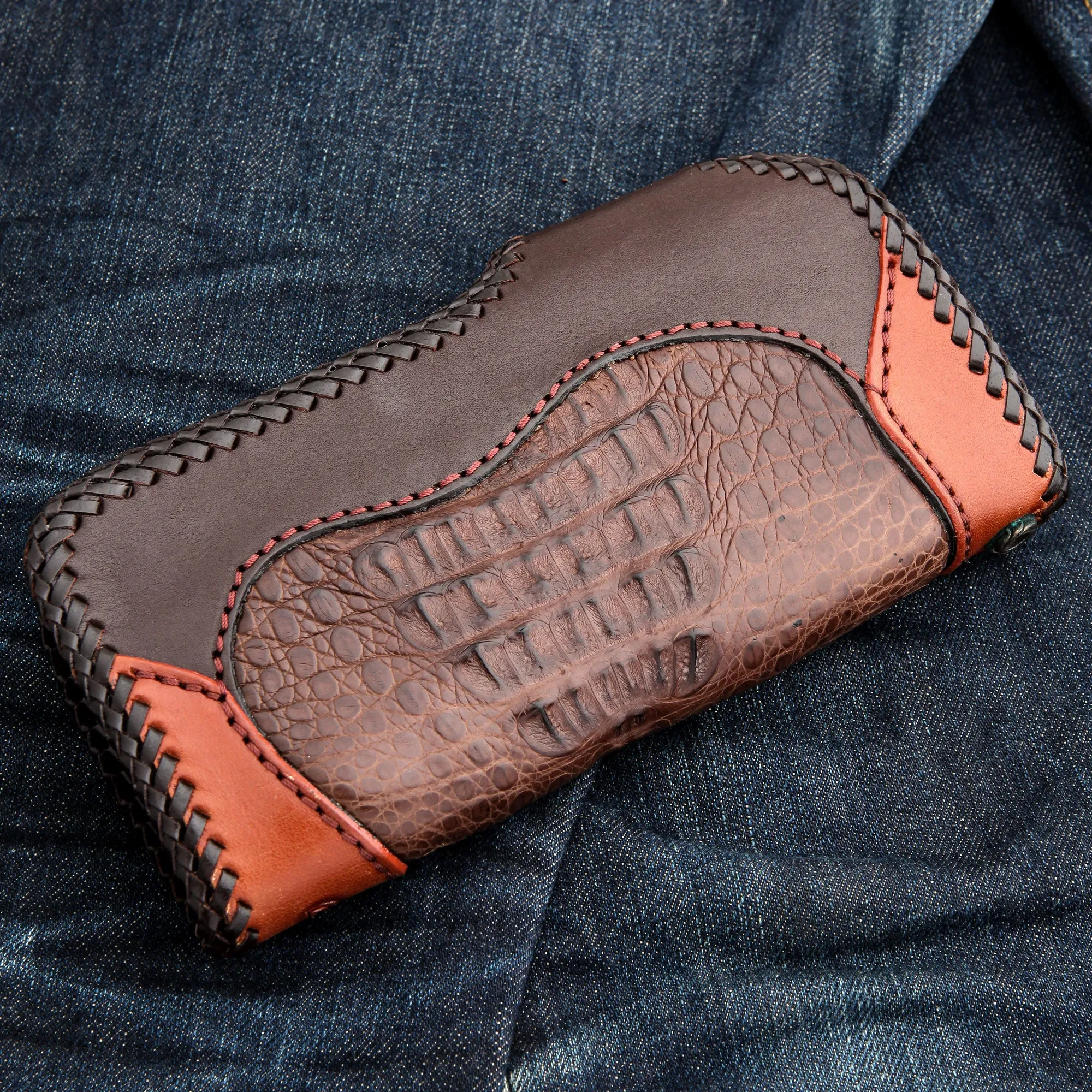 Floral Tribal Brown Crocodile Leather Large Biker Wallet