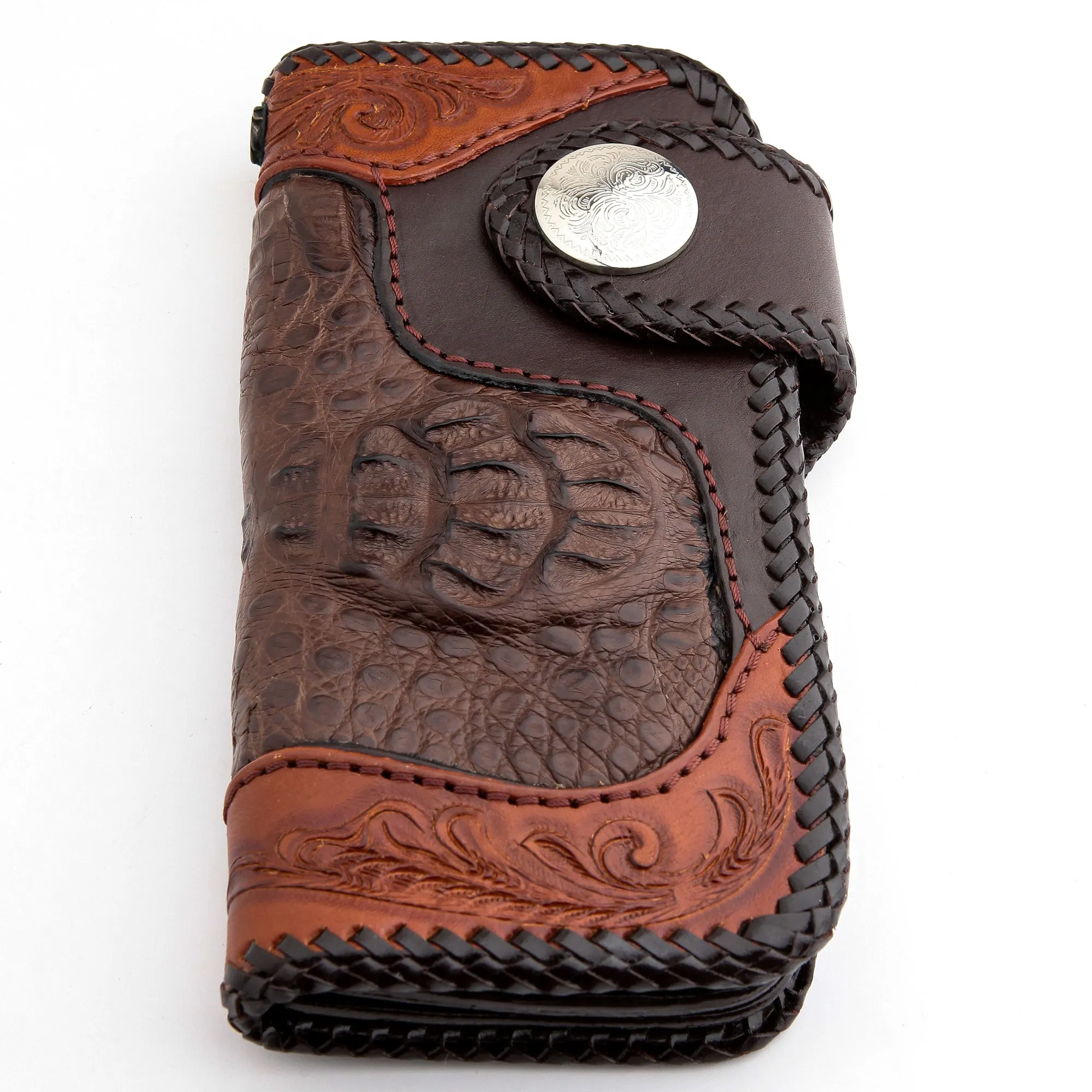 Floral Tribal Brown Crocodile Leather Large Biker Wallet