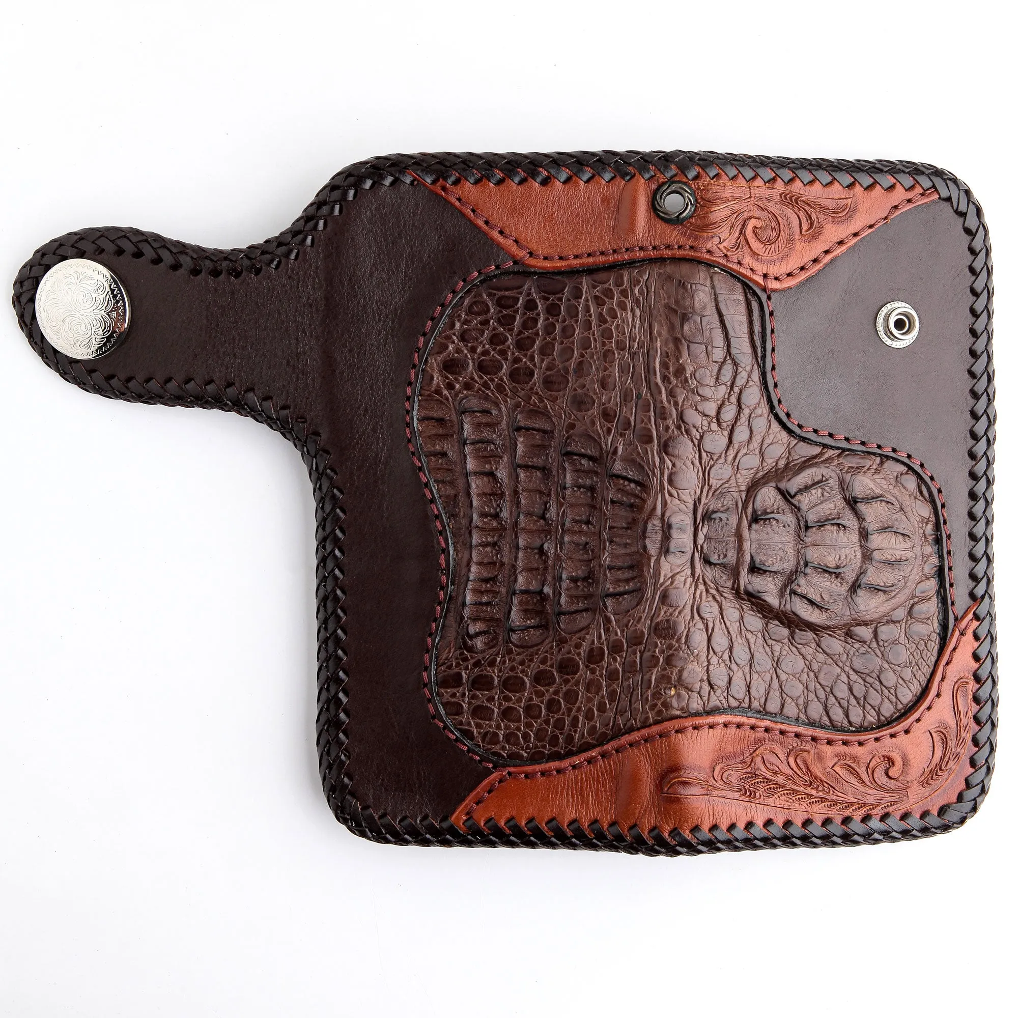 Floral Tribal Brown Crocodile Leather Large Biker Wallet