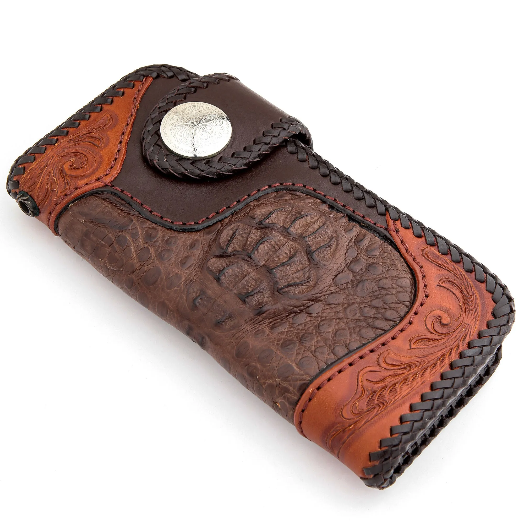Floral Tribal Brown Crocodile Leather Large Biker Wallet