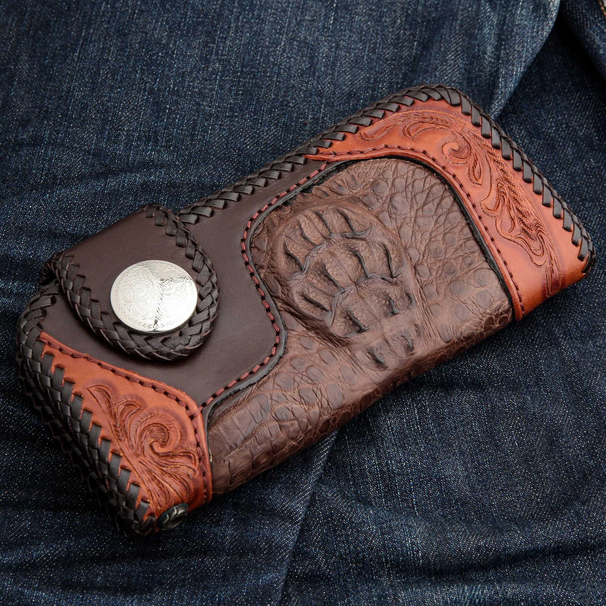 Floral Tribal Brown Crocodile Leather Large Biker Wallet