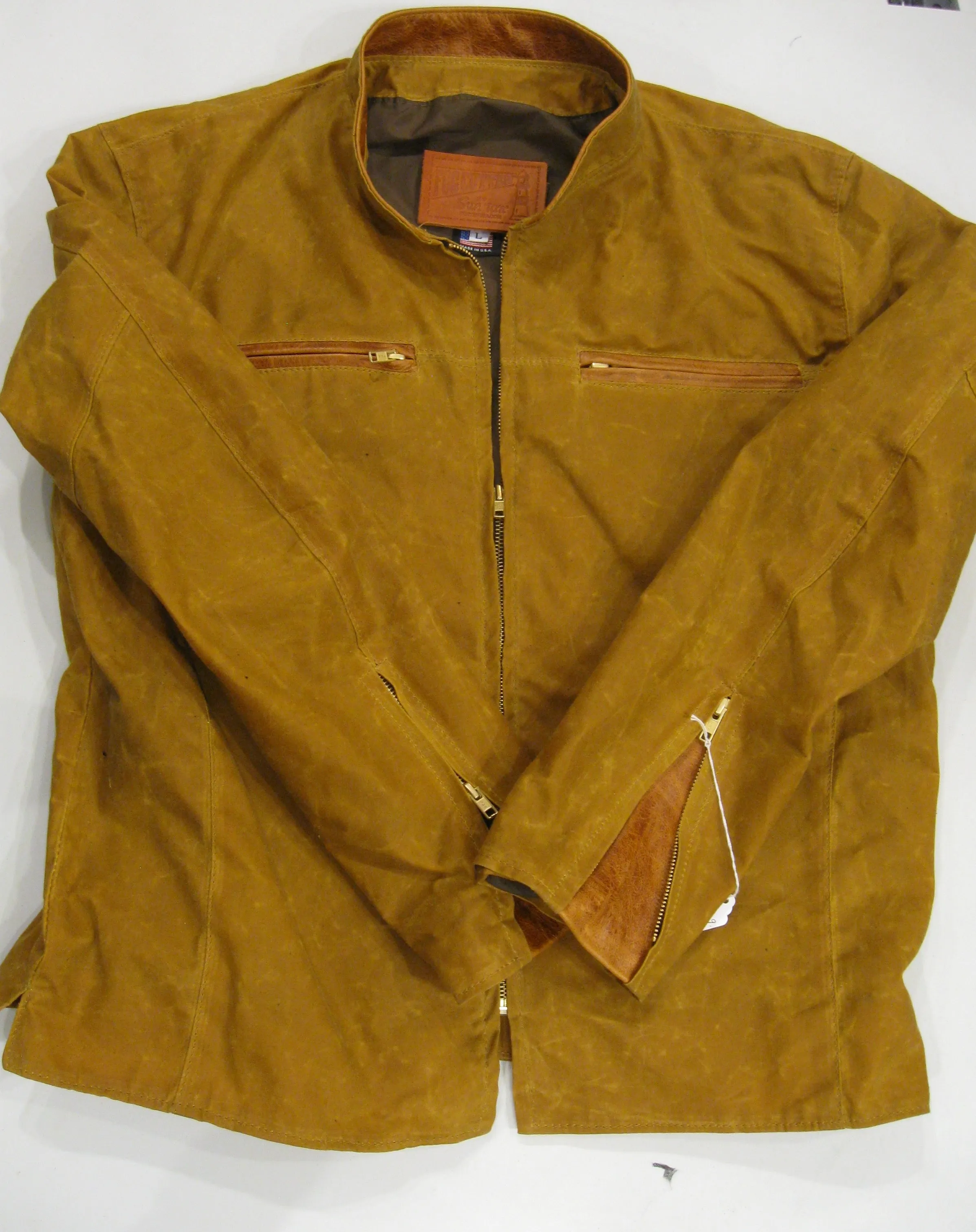 Fog Cutter Waxed Light Weight 7 oz. Sailcloth Men's Style Jacket. We Call The Corvette MADE IN THE U.S.A. BY SUR TAN From Our  Many Weights, Colors and Types of Waxed Cotton  Water Repellant Fabric With Leather Trim