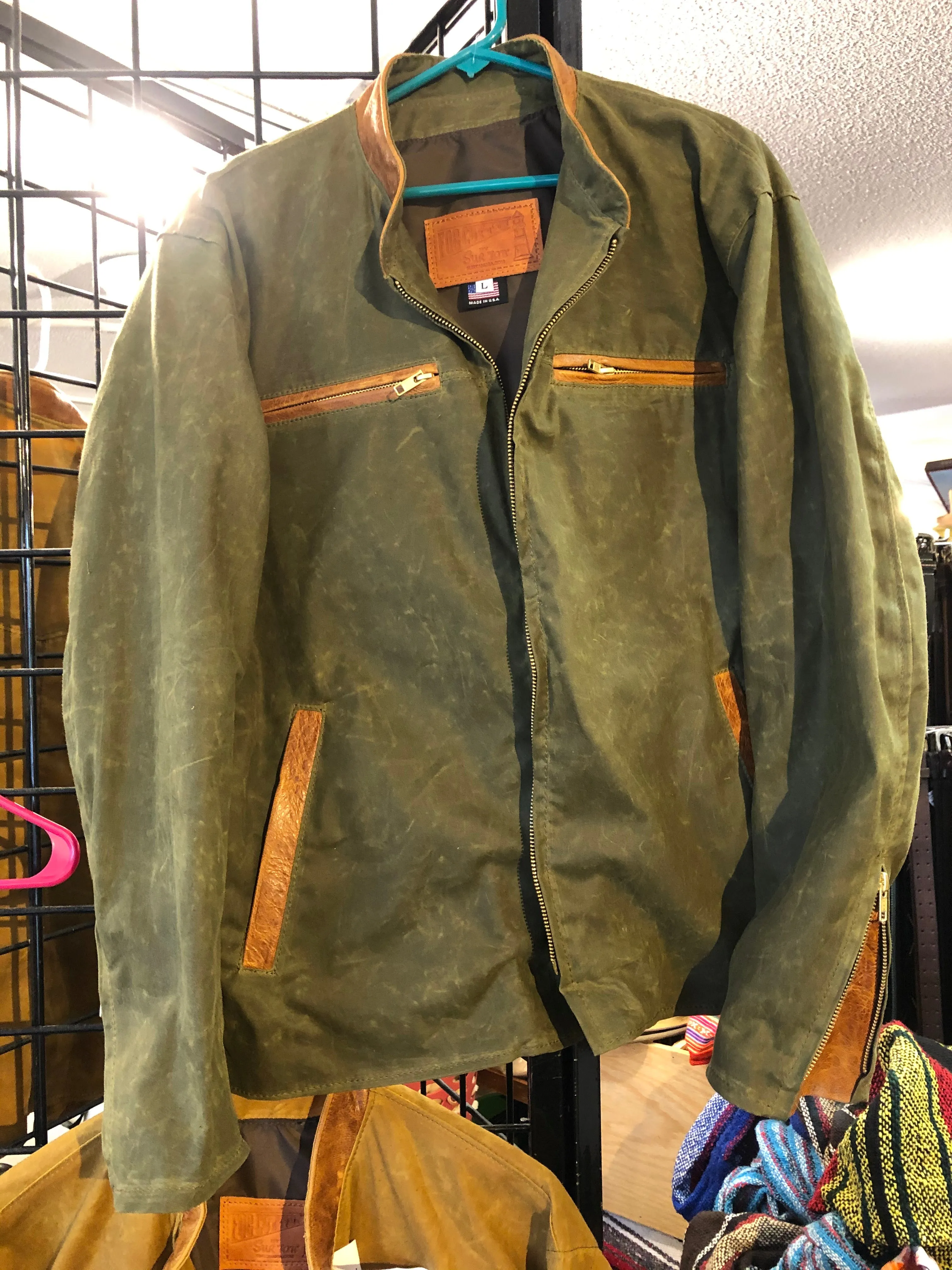 Fog Cutter Waxed Light Weight 7 oz. Sailcloth Men's Style Jacket. We Call The Corvette MADE IN THE U.S.A. BY SUR TAN From Our  Many Weights, Colors and Types of Waxed Cotton  Water Repellant Fabric With Leather Trim