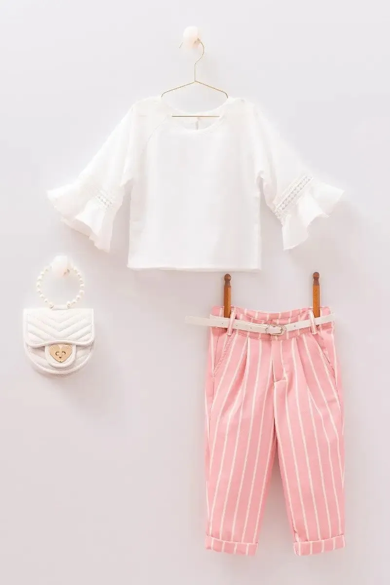 Girls Summer Casual White & Pink Set - MIALIA - White - Pink