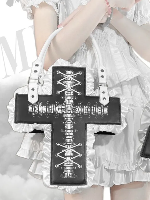Gothic Lolita Bag Black PU Leather Ruffles Cross PU Leather Handbag Lolita Accessories