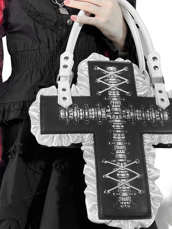 Gothic Lolita Bag Black PU Leather Ruffles Cross PU Leather Handbag Lolita Accessories